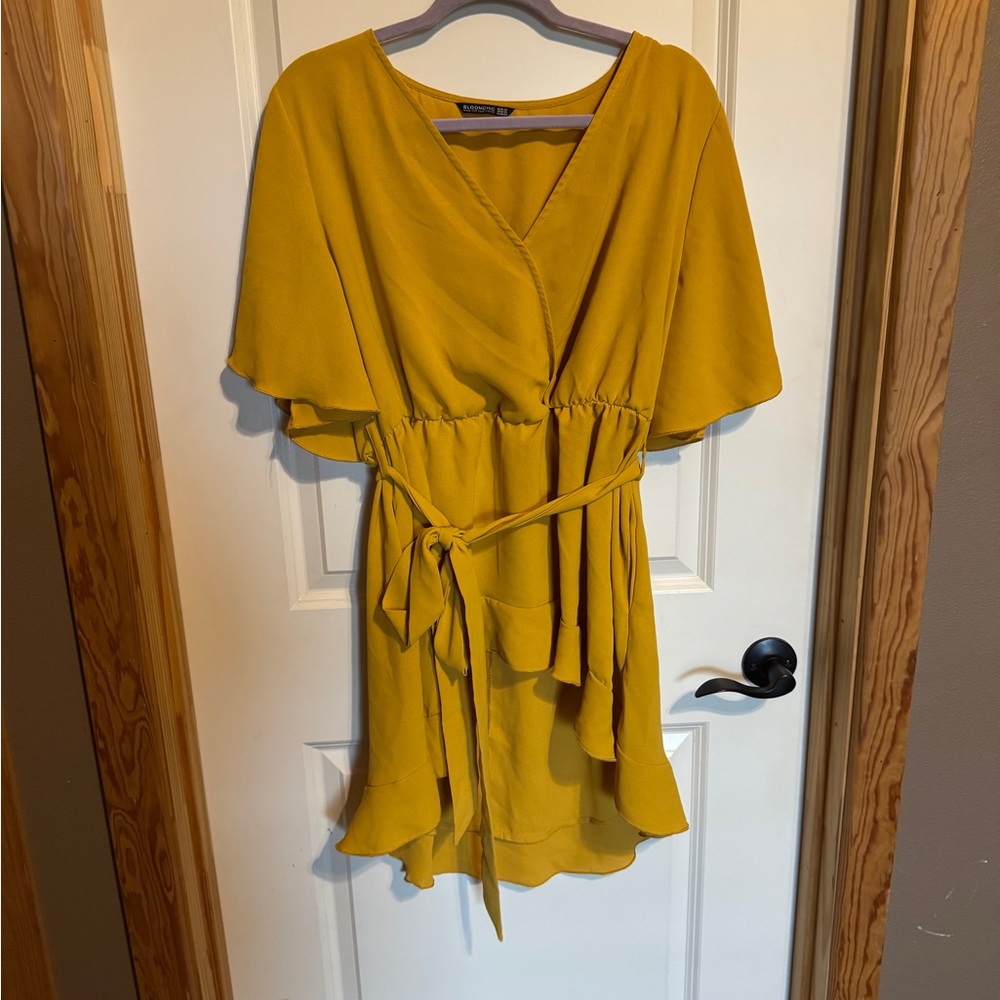 BloomChic Mustard Yellow Wrap Mini Dress with Tie Waist